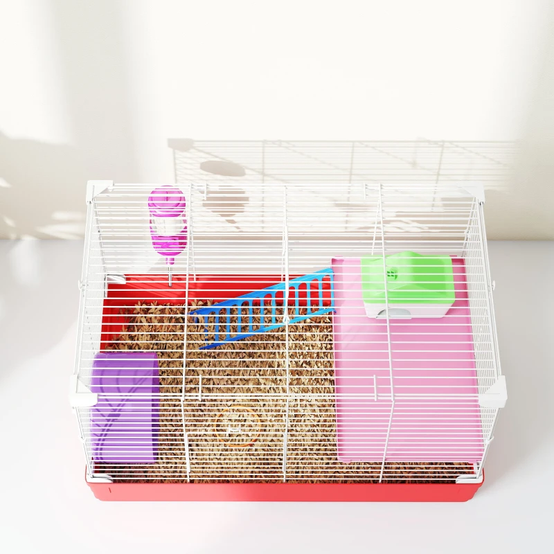PawHut 18.5'' Hamster Cage with Exercise Wheel and Water Bottle Dishes, Rat House and Habitats 2 Storey Design, Red