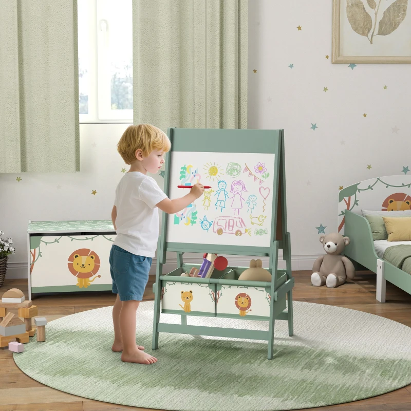 Qaba Art Easel for Kids, Double-Sided Whiteboard & Chalkboard with Paper Roll, 2 Storage Boxes, Gift for Boys, Girls, Green