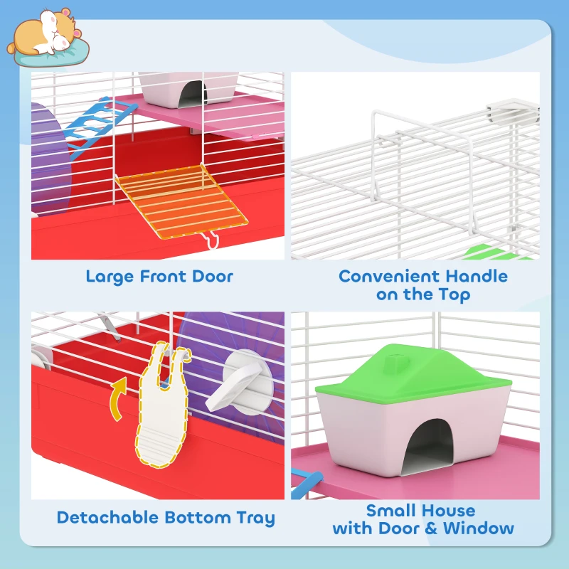PawHut 18.5'' Hamster Cage with Exercise Wheel and Water Bottle Dishes, Rat House and Habitats 2 Storey Design, Red