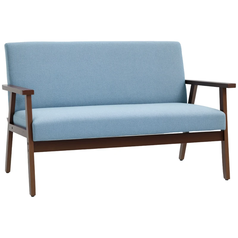 HOMCOM Compact Loveseat Sofa Couch Linen Fabric Double Seat Sofa with Rubber Wood Legs Blue