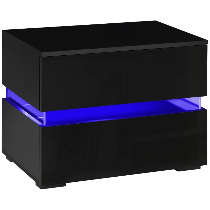 HOMCOM Modern Nightstand, Bedside Table with 2 Drawers, USB Powered RGB LED Lights, Remote for Bedroom, Black