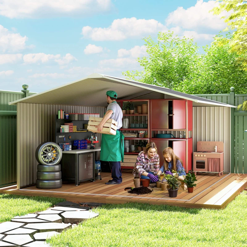 Outsunny 11' x 13' Garden Metal Shed, Storage Shed Utility Storage with Double Locking Doors for Bike, Yard Tools, Dark Gray