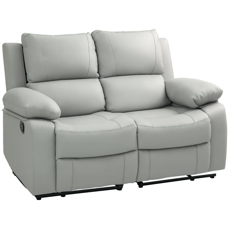 HOMCOM PU Leather Manual Recliner Sofa, Double Reclining Loveseat with Pullback Control Footrest for Living Room, Light Grey
