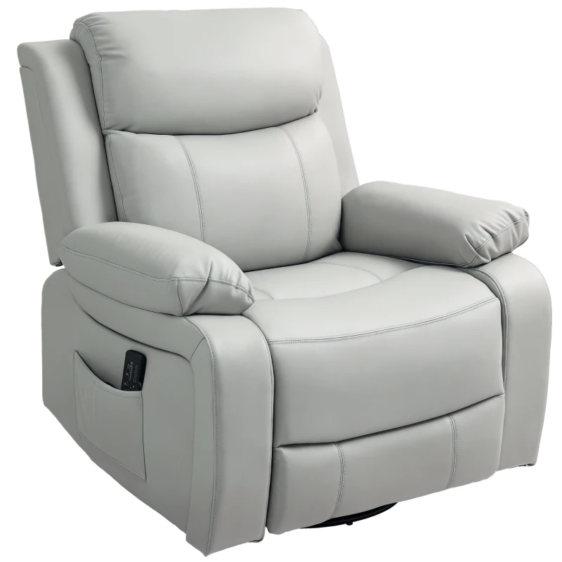 HOMCOM PU Leather Reclining Chair with Vibration Massage Rocker, Swivel Base, Rocking Function, Remote Control, Light Grey