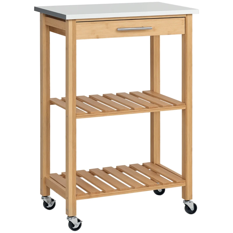 HOMCOM Bamboo Kitchen Cart, Kitchen Island with Stainless Steel Top, Drawer and Slatted Shelves for Dining Room, Natural