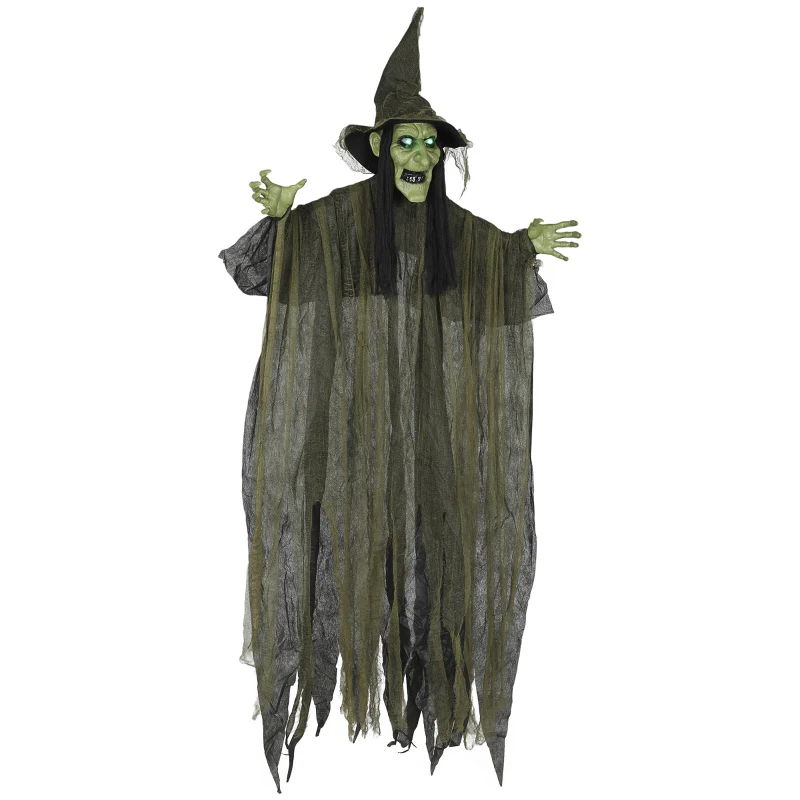 Outsunny Animatronics Hanging Witch, Voice-Activated Prop, Flashing Eyes & Wicked Laughter, Scary Halloween Decoration, Green