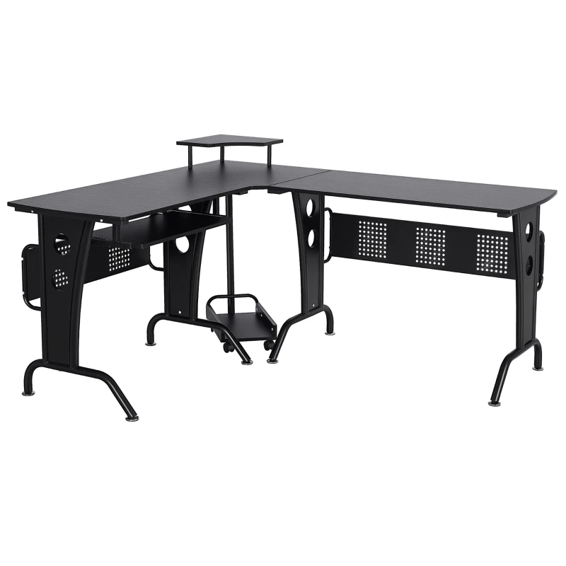 HOMCOM L-Shaped Computer Desk for PC, Corner Table for Small Spaces with Elevated Shelf, Keyboard Tray, CPU Stand, Home Office
