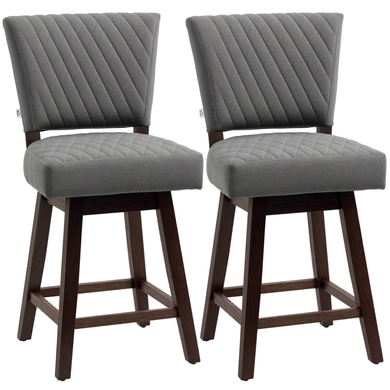 HOMCOM 2 Pieces Swivel Bar Stools, Counter Height Stools Set of 2 with Wood Legs and Footrests for Dining Room, Dark Grey