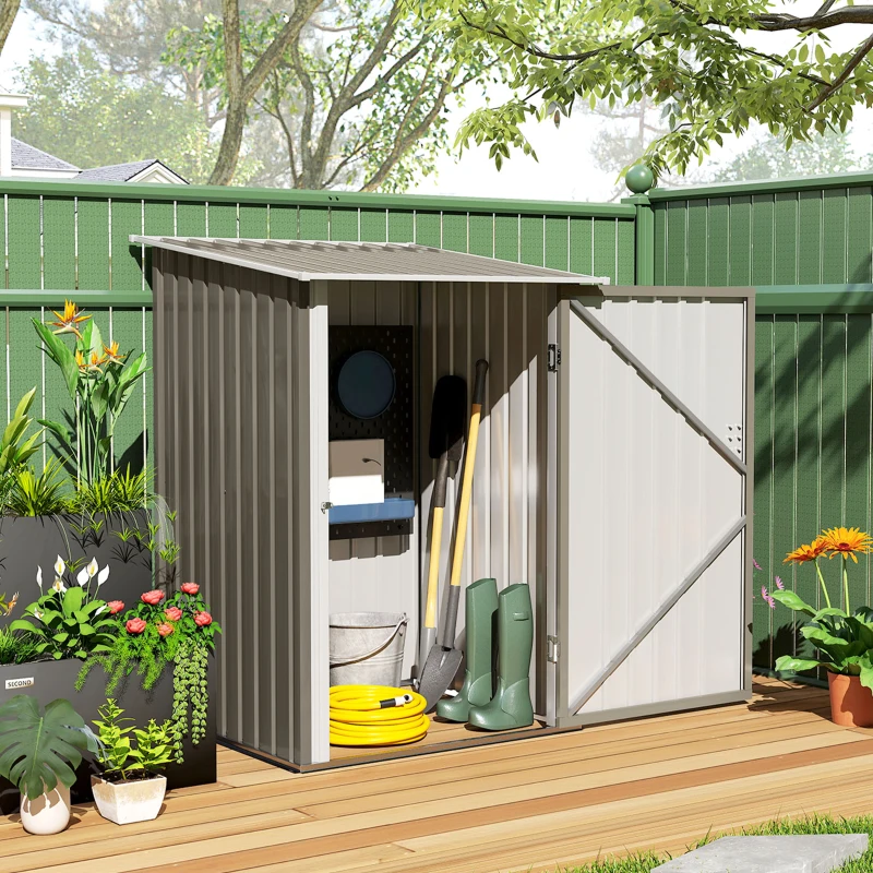 Outsunny 3.3' x 3.4' Lean-to Outdoor Garden Storage Shed, Galvanized Steel with Lockable Door for Patio Brown and White