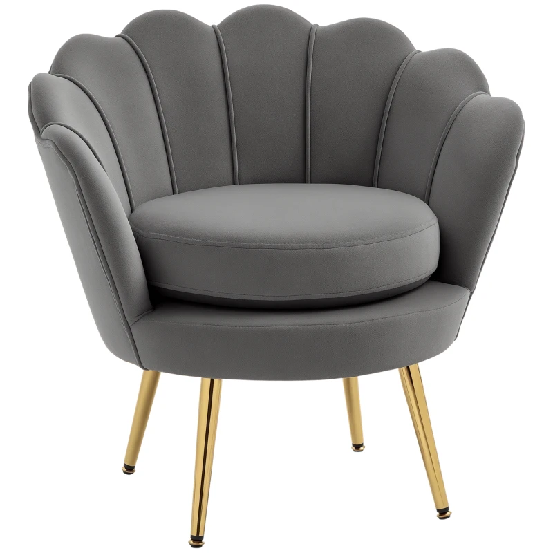 HOMCOM Modern Accent Chair, Velvet-Touch Fabric Leisure Club Chair with Gold Metal Legs for Bedroom, Grey