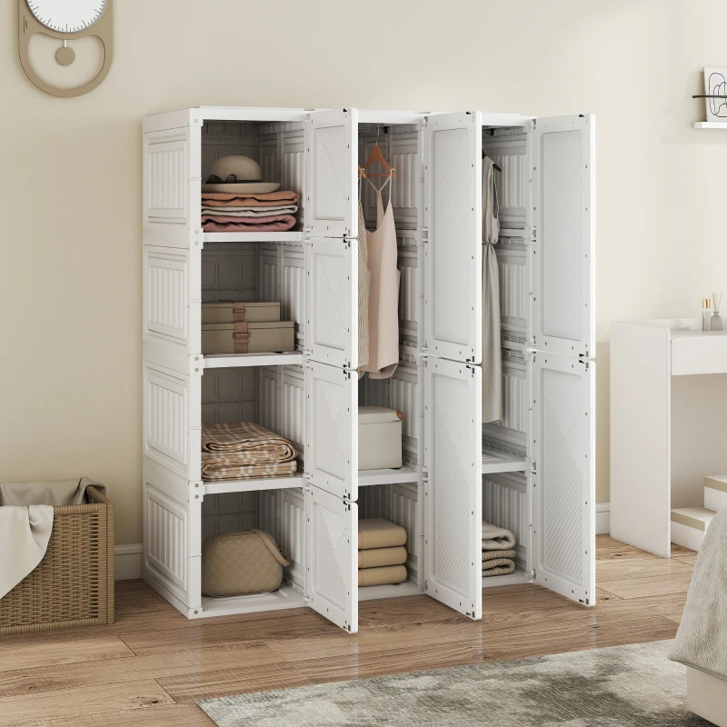 HOMCOM Portable Wardrobe, Foldable Plastic Closet with 8 Compartments, 2 Hanging Rods and Magnetic Doors, White
