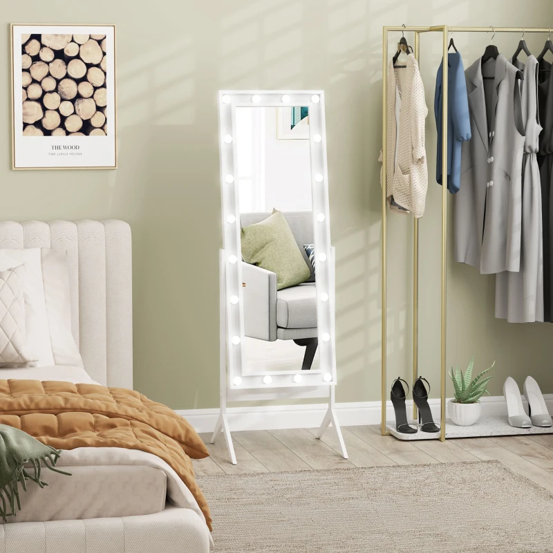 HOMCOM Free Standing Mirror with Lights and Adjustable Angles 60" x 18" Floor Mirror with Frame for Bedroom Living Room, White