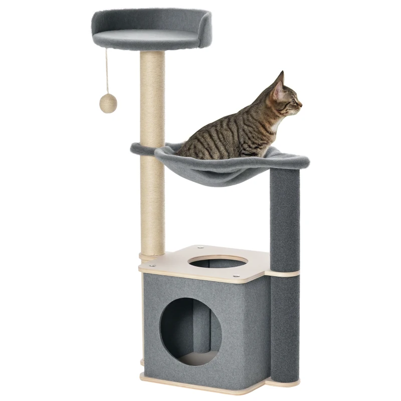 PawHut Cat Tree, Multi-Level Cat Tower with Cat Scratching Post, Perch, Cat Condo, Hammock, Hanging Toy Ball, Grey