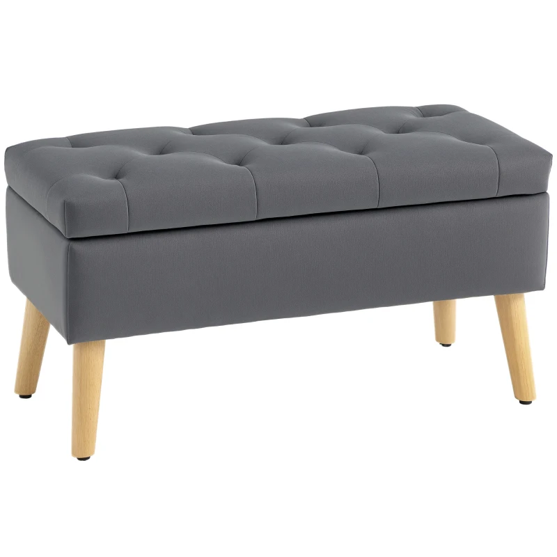 HOMCOM Storage Ottoman with Lid, Velvet Upholstered Storage Bench with Wood Legs for Living Room, Charcoal Grey