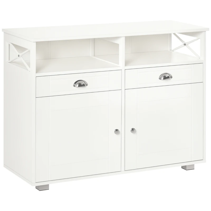 HOMCOM Sideboard Buffet Cabinet, Coffee Bar Cabinet, Kitchen Cabinet with Storage Drawers, Large Tabletop and Crossbar Side Design, White