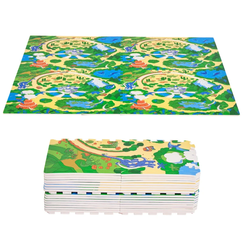 Qaba Kids Foam Puzzle Floor Tiles Baby Toddler Play Mat 36Pcs Anti-slip Crawling Learning with End Border Dinosaur Land Pattern 35SqFt EVA