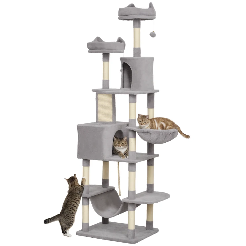 PawHut 81" Large Cat Tree w/ Scratching Posts, Condos, Beds, Hammocks, Jumping Platforms, Toy Balls, Rope Cat Toy, Light Grey