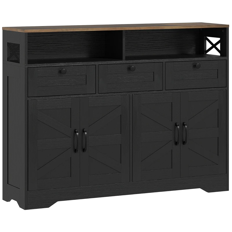 HOMCOM Sideboard, Buffet Cabinet with 4 Barn Doors and 3 Drawers, Coffee Bar Cabinet with Adjustable Shelves, Black