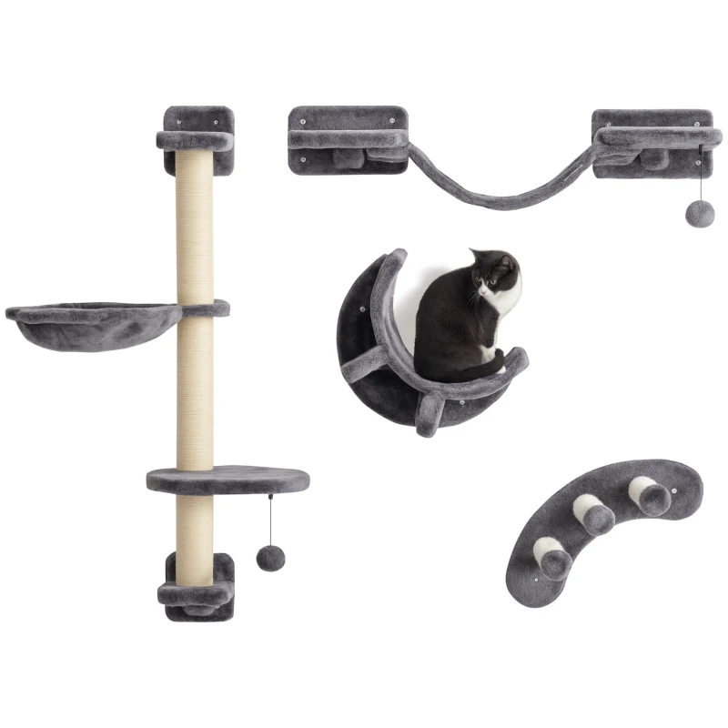 PawHut Cat Wall Shelf with Scratching Post, Play Balls, Platforms, Dark Grey