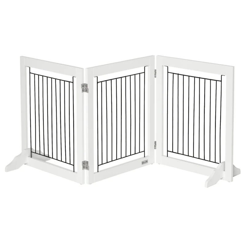 PawHut Freestanding Pet Gate, Folding Dog Gate with 2 Support Feet, 24" High, 3 Panels, for Small Dogs, Indoor Use - White