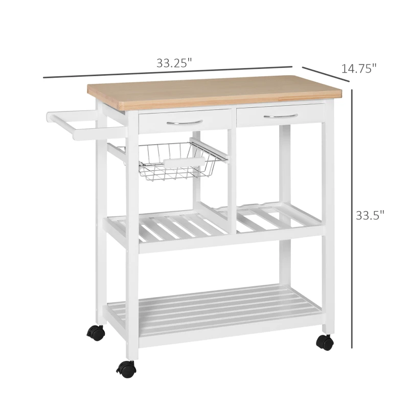 HOMCOM Wooden Rolling Kitchen Trolley Wood Top Island Storage Serving Cart Included Wine Rack with Drawers White
