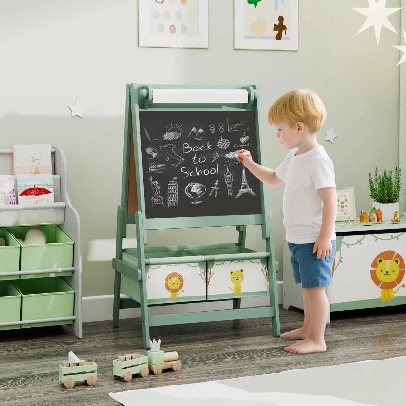Qaba Art Easel for Kids, Double-Sided Whiteboard & Chalkboard with Paper Roll, 2 Storage Boxes, Gift for Boys, Girls, Green