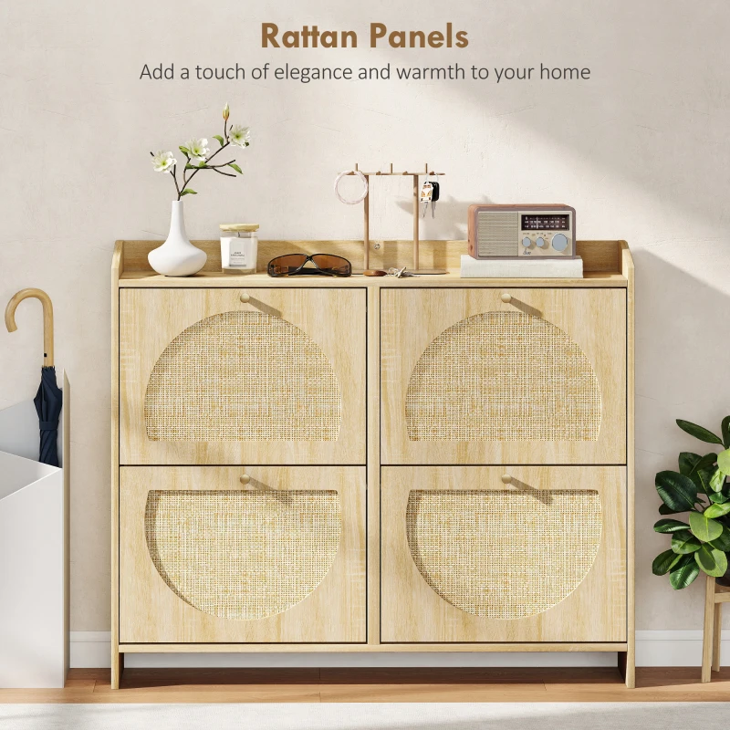 HOMCOM 4 Flip-Drawer Shoe Cabinet, Shoe Storage Cabinet with Rattan Doors and Adjustable Shelves, Holds 16 Pairs, Natural