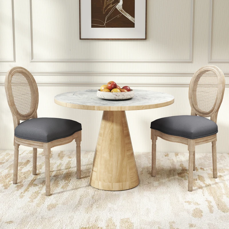 HOMCOM French-Style Upholstered Dining Chair Set, Armless Accent Side Chairs with Rattan Backrest and Linen-Touch Upholstery, Set of 2, Gray