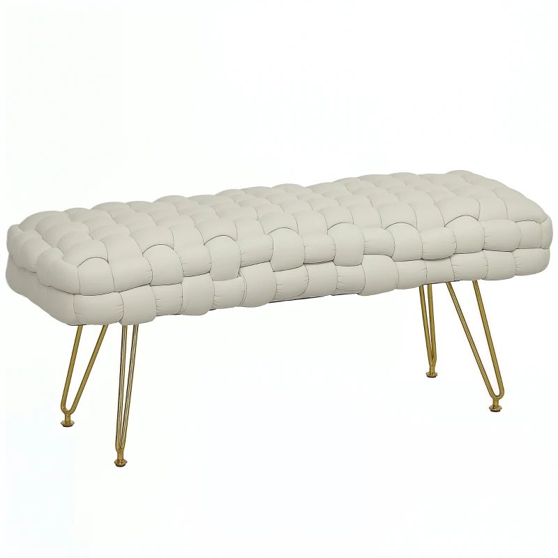 HOMCOM Upholstered Velvet End of Bed Bench 39" Woven End of Bed Bench with Gold Metal Legs for Entryway, Cream White