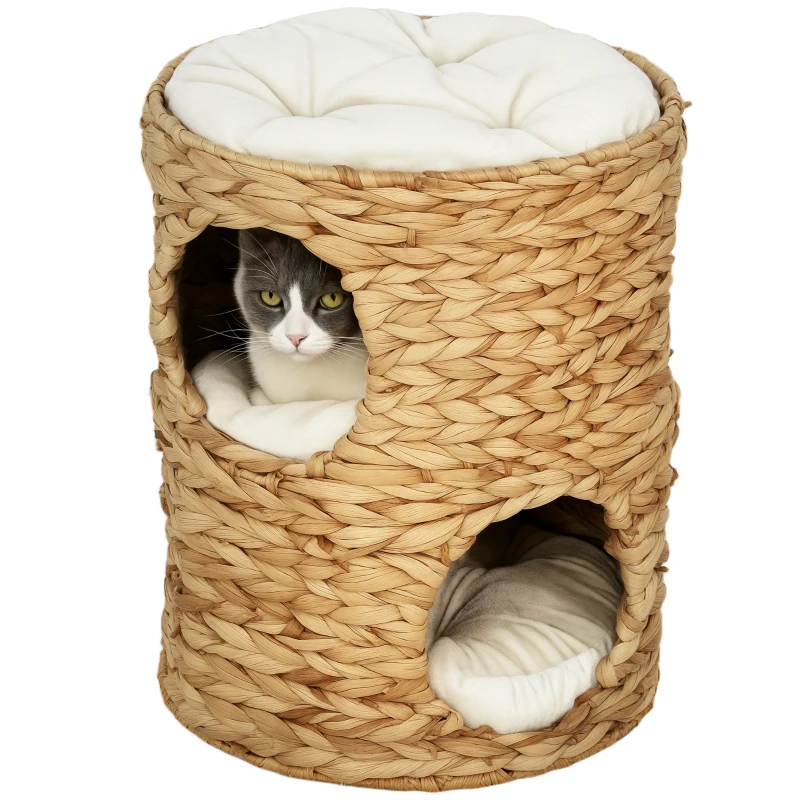 PawHut 2-Storey Cat Condo Barrel, Small Cat Tree Tower with Top Perch and 2 Hideaways, 2 Entrances, 3 Cushions, Light Brown