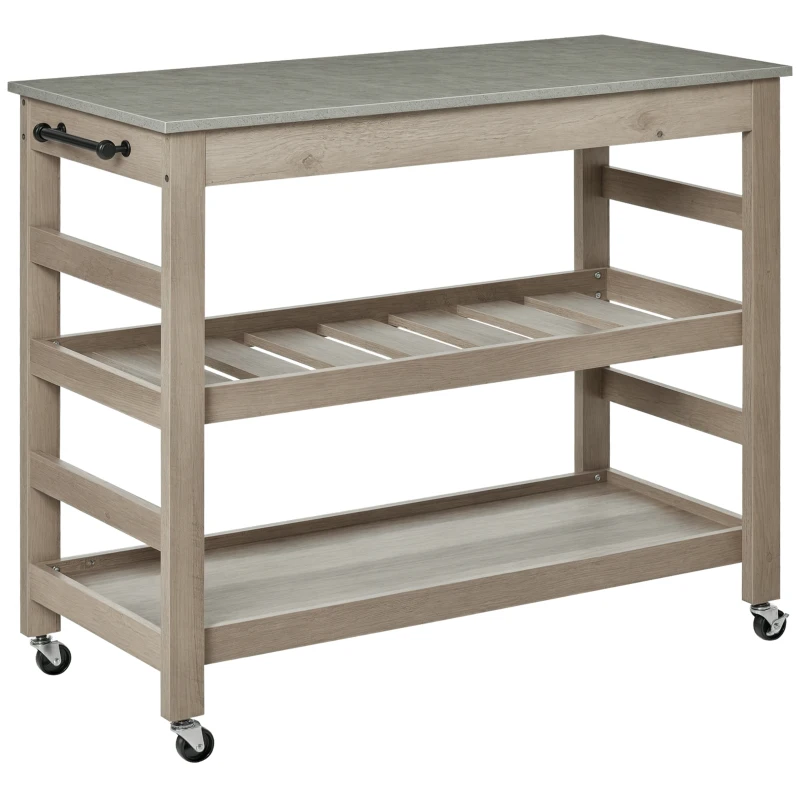 HOMCOM Kitchen Cart Rolling Kitchen Island Utility Trolley with Concrete Effect Top & Storage Wine Rack, Grey