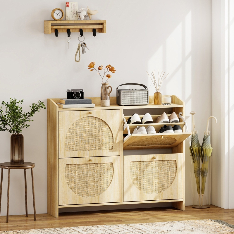 HOMCOM 4 Flip-Drawer Shoe Cabinet, Shoe Storage Cabinet with Rattan Doors and Adjustable Shelves, Holds 16 Pairs, Natural