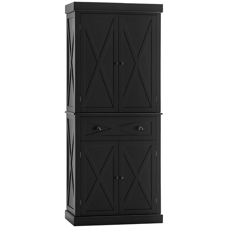 HOMCOM 72.5" Kitchen Pantry Cabinet, Freestanding Storage Cabinet with 4 Doors, Drawer and Adjustable Shelves, Black
