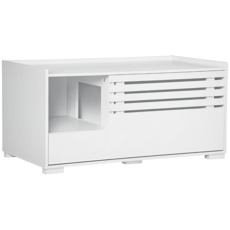 PawHut Hidden Cat Litter Box Furniture, Cat Litter Box Enclosure with Storage Compartments and Side Table Function, White