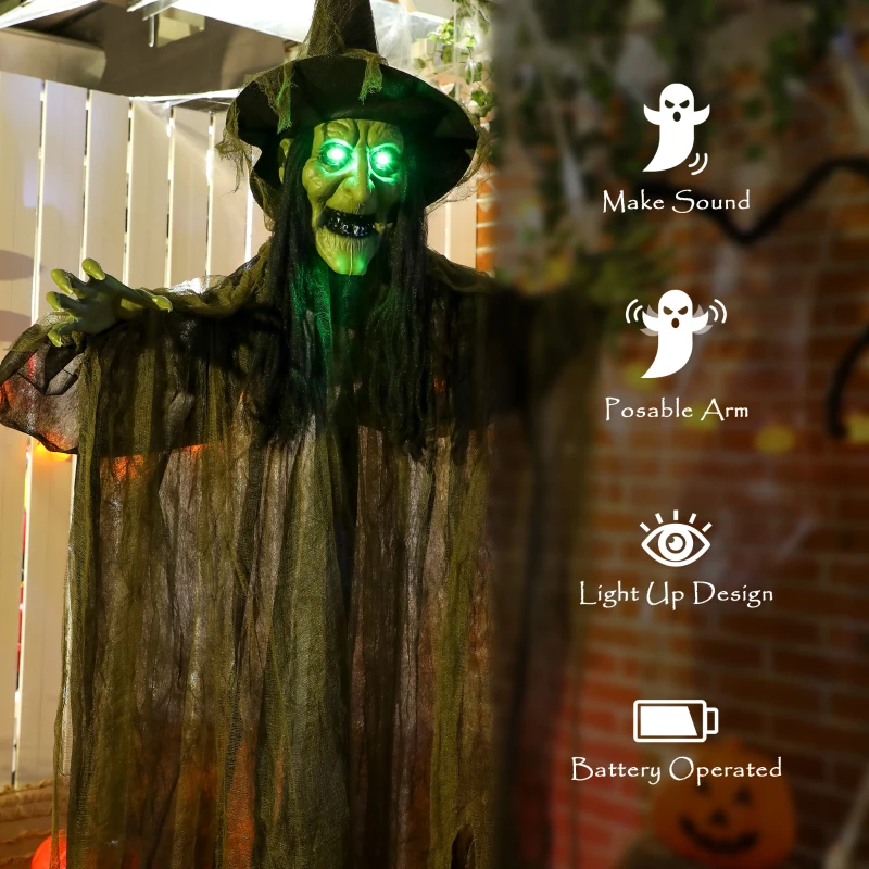 Outsunny Animatronics Hanging Witch, Voice-Activated Prop, Flashing Eyes & Wicked Laughter, Scary Halloween Decoration, Green