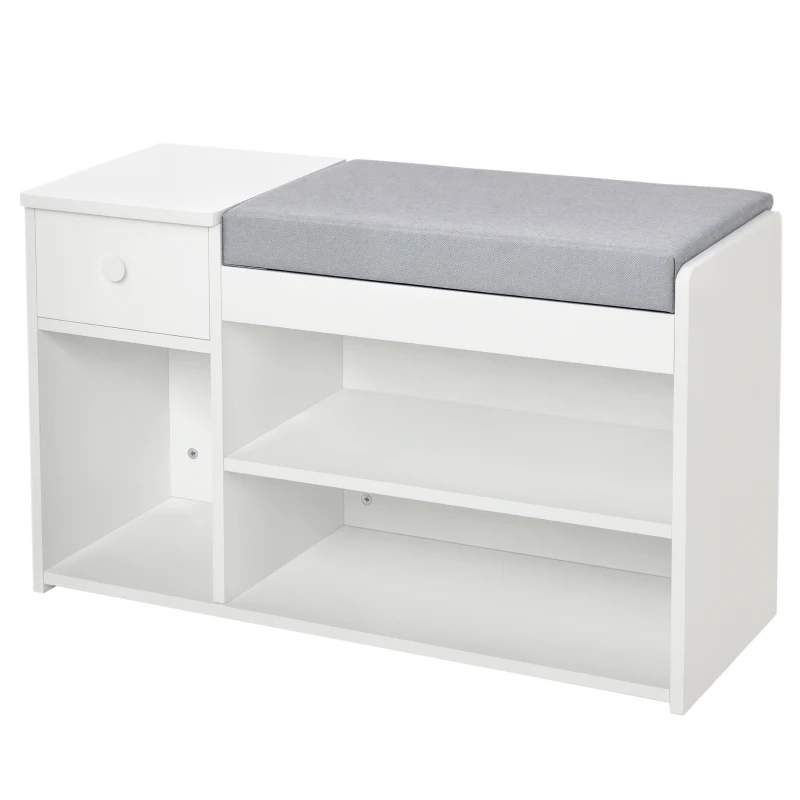 HOMCOM Shoe Bench with Storage, Modern Upholstered Entryway Bench with Shelves, Drawers and Table Top for Living Room, Hallway, White