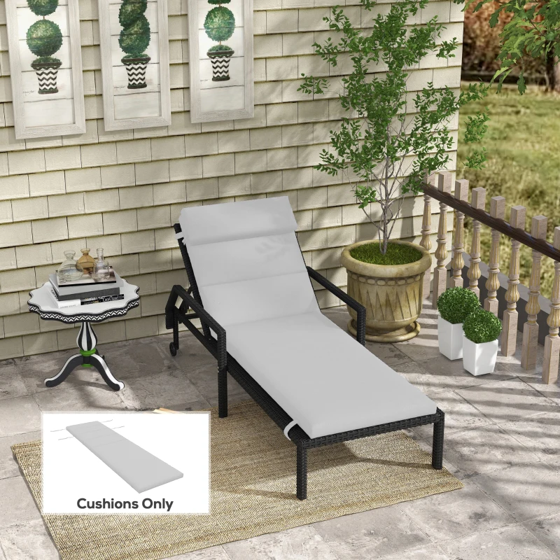 Outsunny Patio Chaise Lounge Chair Cushion Replacement Sun Lounger Pads with Headrest and Ties, Light Grey