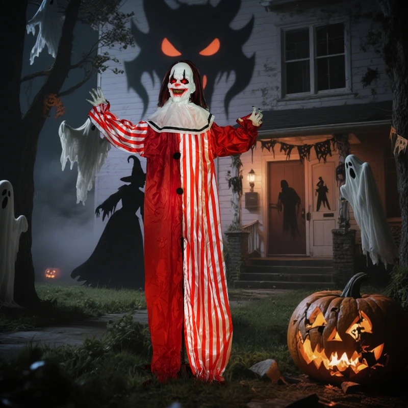 Outsunny Life Size Halloween Animated Clown with Red Light Up Eyes, Sound Activated Scary Halloween Decorations, Battery Operated