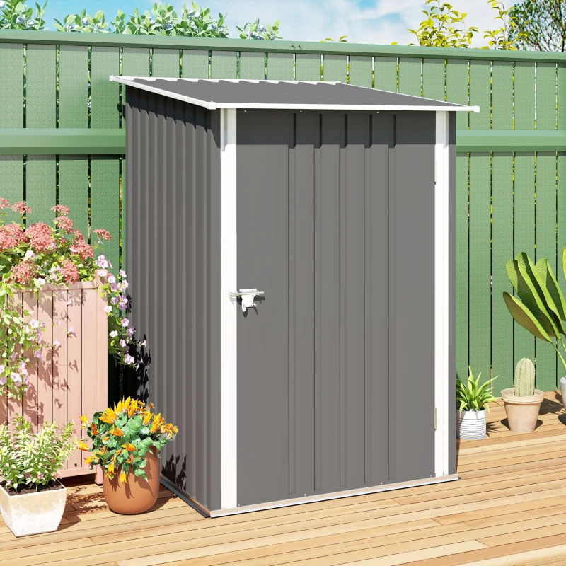 Outsunny Outdoor 3.3' x 3.4' Lean-to Garden Storage Shed, Galvanized Steel Tool House with Lockable Door for Patio, Gray