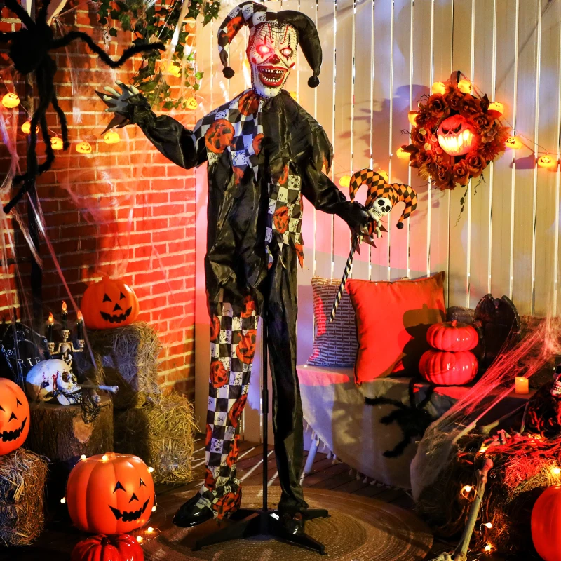 Outsunny Life Size Halloween Animated Clown with Red Light Up Eyes, Sound Activated Scary Halloween Decorations, Battery Operated