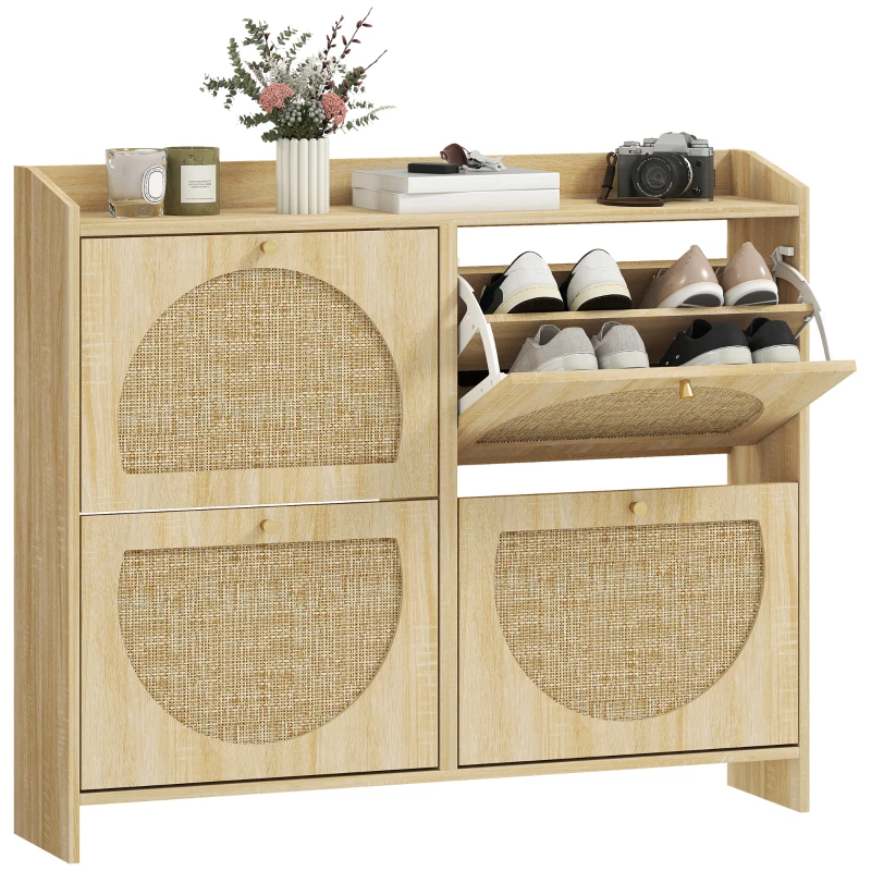 HOMCOM 4 Flip-Drawer Shoe Cabinet, Shoe Storage Cabinet with Rattan Doors and Adjustable Shelves, Holds 16 Pairs, Natural