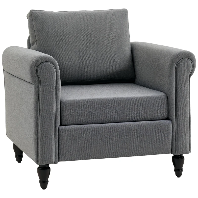 HOMCOM Vintage Armchair, Upholstered Accent Chair with Rolled Arms, Gourd-Shaped Rubber Wood Legs, Light Grey