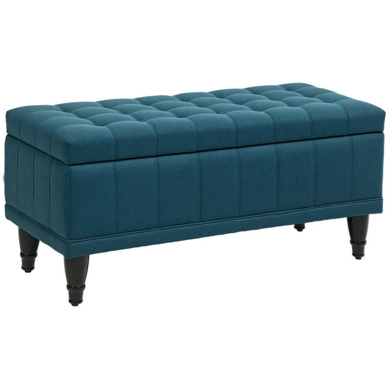 HOMCOM Storage Ottoman, Linen Fabric End of Bed Bench with Button Tufted Storage Bench for Bedroom, Blue