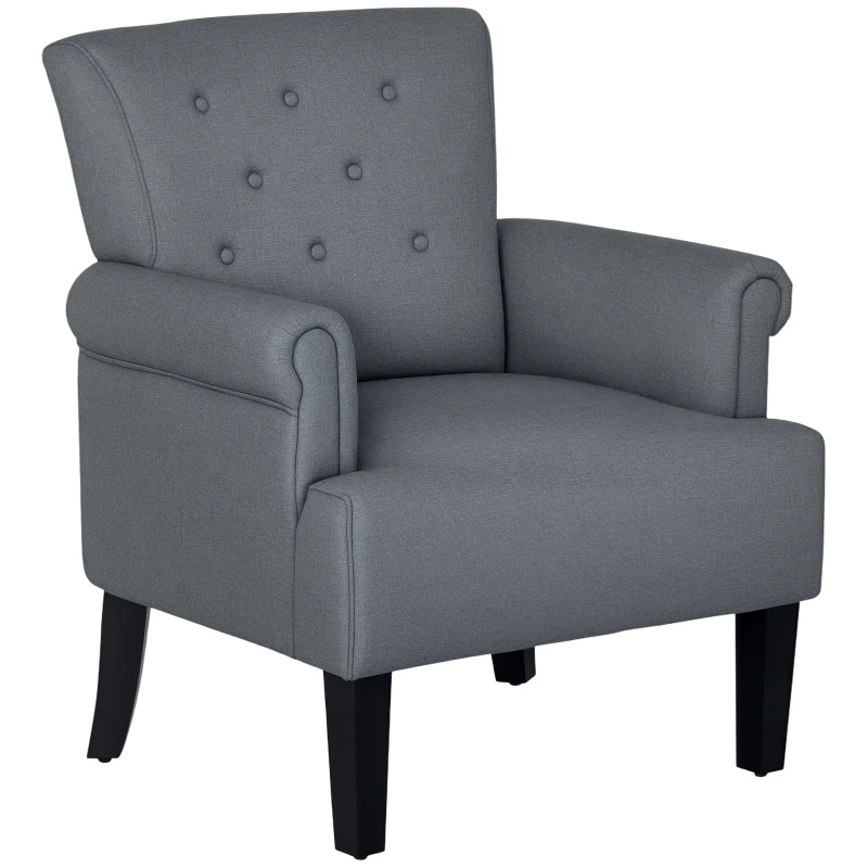 HOMCOM Armchair, Fabric Accent Chair, Modern Living Room Chair with Wood Legs and Rolled Arms for Bedroom, Grey