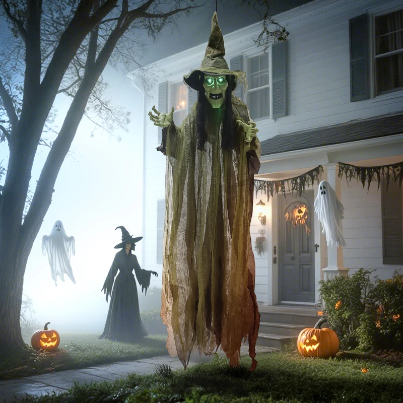 Outsunny Animatronics Hanging Witch, Voice-Activated Prop, Flashing Eyes & Wicked Laughter, Scary Halloween Decoration, Green