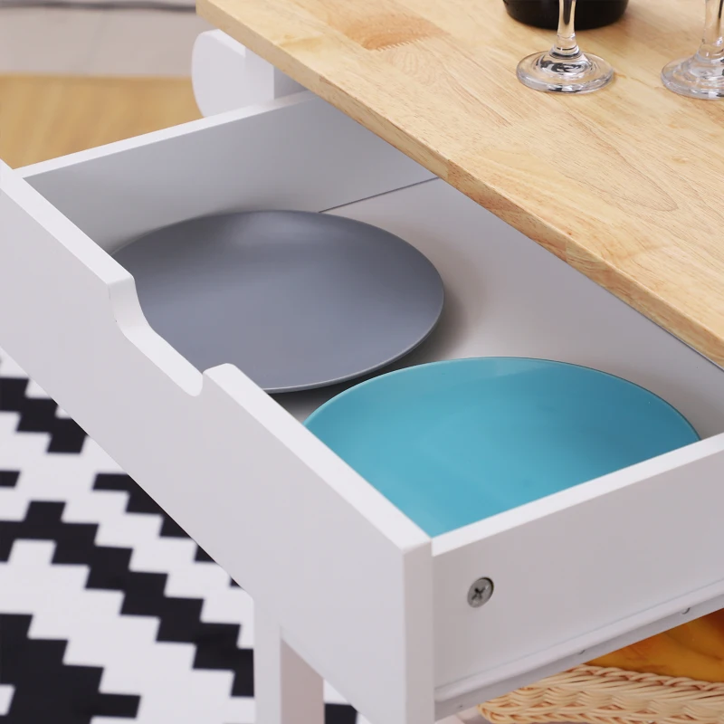 HOMCOM Wooden Rolling Kitchen Trolley Wood Top Island Storage Serving Cart Included Wine Rack with Drawers White