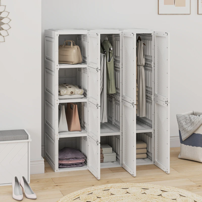 HOMCOM Portable Wardrobe, Foldable Plastic Closet with 8 Compartments, 2 Hanging Rods and Magnetic Doors, White