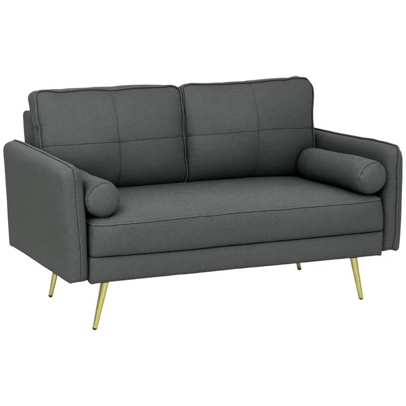 HOMCOM 56" Loveseat Sofa for Bedroom Upholstered 2 Seater Couch with Back Cushions and Pillows, Dark Grey