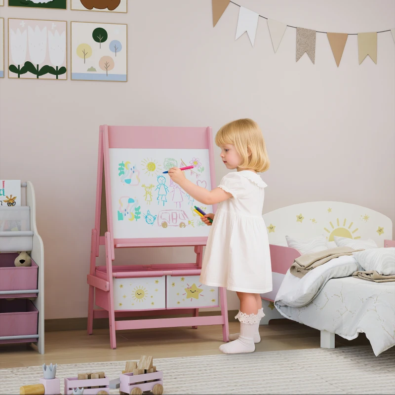 Qaba Art Easel for Kids, Double-Sided Whiteboard & Chalkboard with Paper Roll, 2 Storage Boxes, Gift for Boys, Girls, Pink