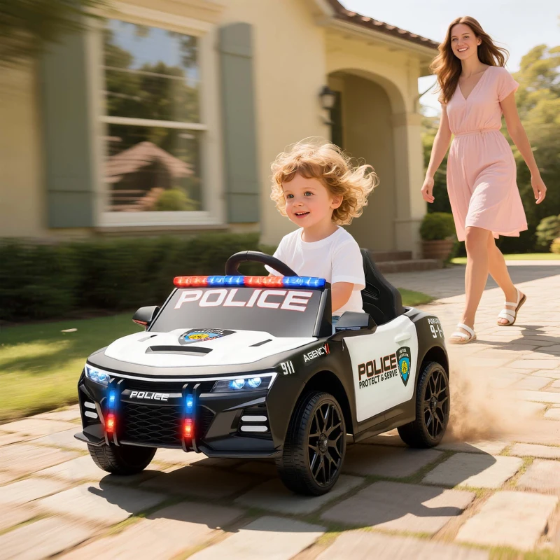 Qaba Kids Electric Ride on Police Car with Remote Control, Sirens, Flashing Lights, Music, Horn, Shock Absorbers, White